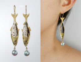 melissa chen lunar rain jewellery design surreal spotted herring fish earrings akoya pearl